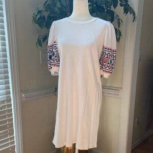 LOFT White and Blue Puff Sleeve Sheath Dress